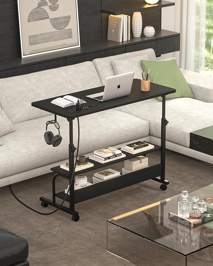 Armocity Height Adjustable Standing Desk with Power Outlets, 32" Manual Stand Up Desk with Storage Shelves Small Mobile Rolling Computer Desk Portable Laptop Table with Wheels for Home Office, Black