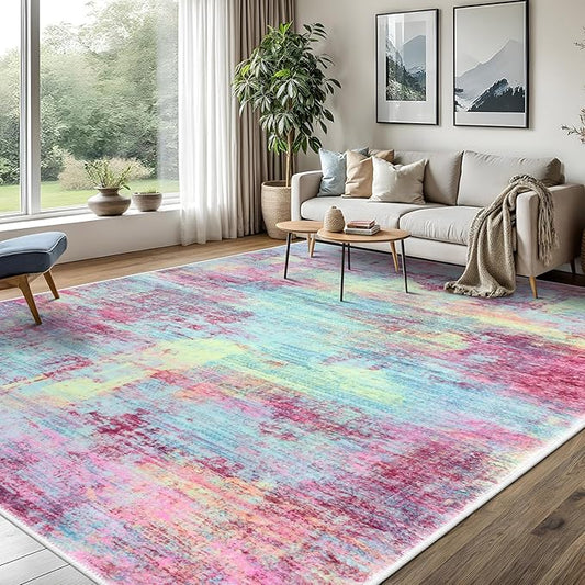 IOHOUZE Abstract Area Rugs 8x10 Ft Washable Large Rugs for Living Room, Non Slip Dining Room Rug, Printed Faux Wool Rugs for Bedroom, Floor Carpet for Office Nursery Playroom, Pink Teal