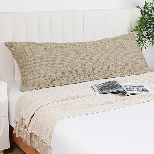 PHF Waffle Weave Body Pillowcase with Zipper, 1 Pack 100% Cotton 20" x 54" Pillow Sham, No Insert, Soft & Breathable Pillow Case, Aesthetic Woven Body Pillow Cover for Bedroom Decor, Khaki