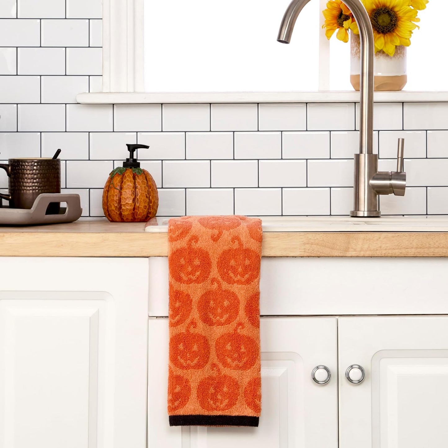 SKL Home Halloween Jack-O-Lantern 100% Cotton Jacquard 2pc Hand Towel Set, Reversible, Soft & Absorbent, Decorative for Bath/Kitchen/Bar & Gift, Orange