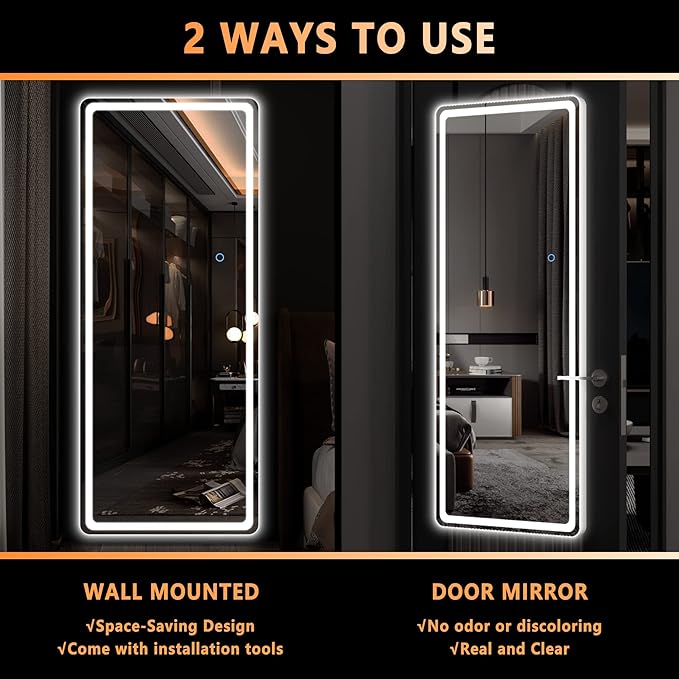 Hasipu LED Door Mirror Full Length, 44.1" x 15.8" Lighted Over The Hanging, Full Body Wall Mounted, Light Up Long Dressing, Round White