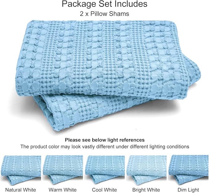 PHF Waffle Weave Pillow Shams Queen Size, 2 Pack 100% Cotton Pillowcases 20" x 30", No Insert, Soft & Breathable Aesthetic Woven Pillow Case Covers for Bedroom Decor, Sky Blue