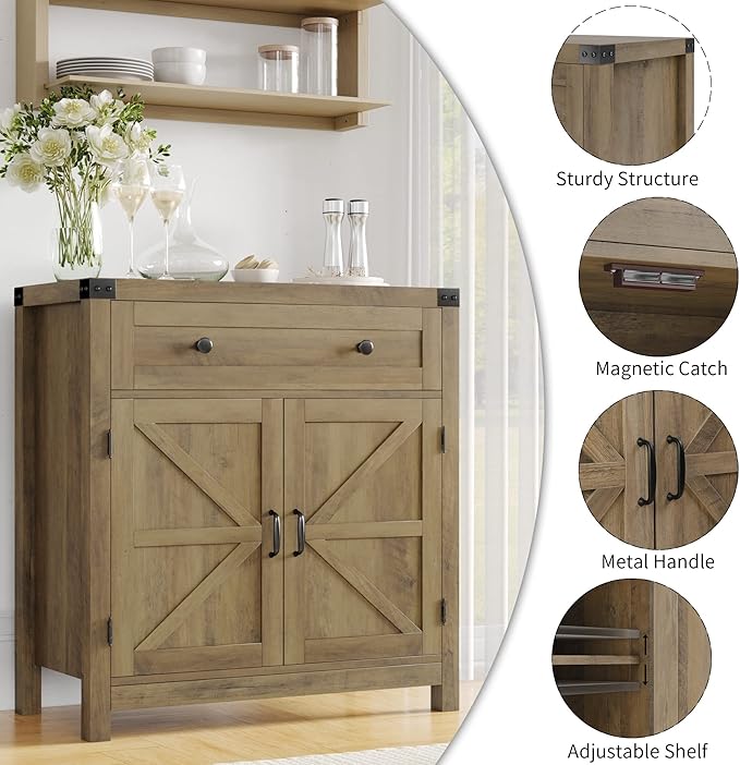 HOSTACK Coffee Bar Cabinet, Kitchen Storage Cabinet, Modern Farmhouse Buffet Sideboard with Drawer and Adjustable Shelf, Barn Door Accent Cabinets for Kitchen, Dining Room, Entryway,Rustic Brown