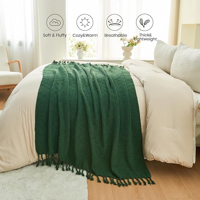 lifein Throw Blanket for Couch - Boho Throw Blanket, Knit Woven Blanket, Soft Decorative Blankets&Throws with Tassels for Bed,Sofa,Chair,Home Decor (Geen, 50 * 60, Waffle)
