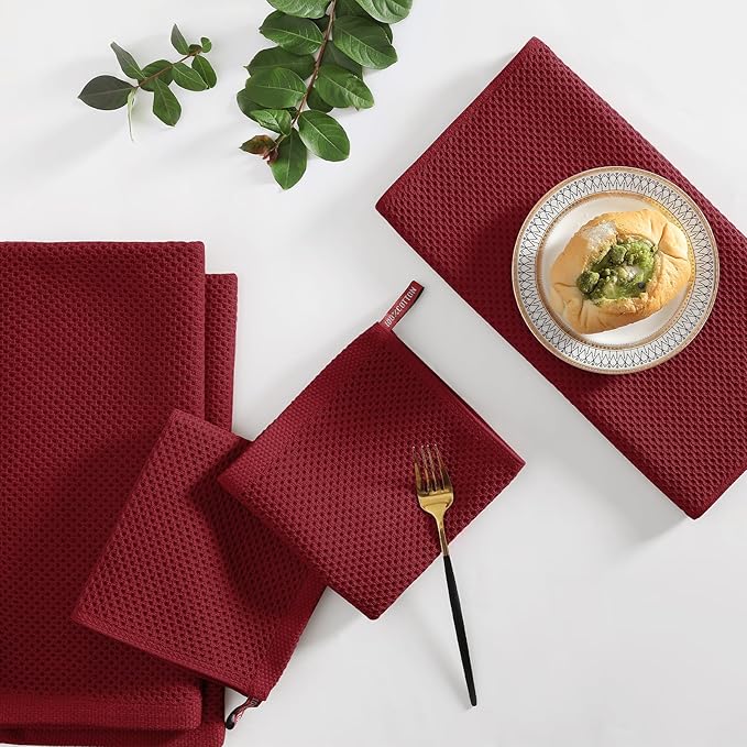 Homaxy 100% Cotton Kitchen Towels and Dishcloths Set, 12 x 12 Inches and 13 x 28 Inches, Set of 10 Bulk Kitchen Towels Set, Ultra Soft Absorbent Dish Cloths for Washing Dishes, Burgundy