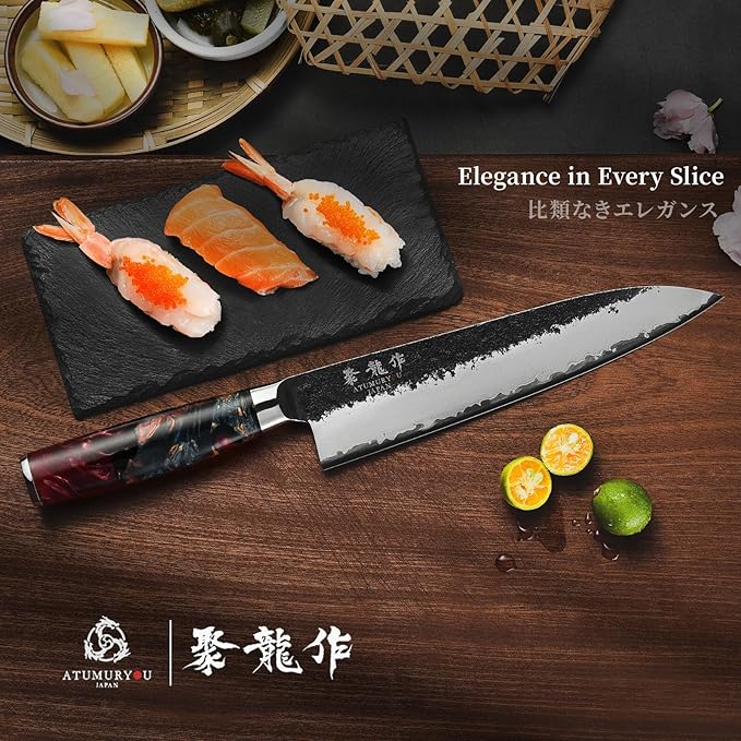 Japanese Chef Knife, 8 Inch Hand Forged Kitchen Knives with VG10 Core, Professional Gyuto Knife for Home & Restaurant, Sanmai Chefs Knives with Ergonomic Red Handle, Cooking Gifts for Men Women