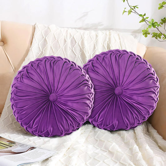 HIG Set of 2 Decorative Round Pleated Throw Pillows, Classy Accent Pumpkin Throw Pillows with Center Button, Vintage Velvet Floor Pillows for Sofa Vanity Chair Bed, Purple, 14.5" Diameter(Ripple)