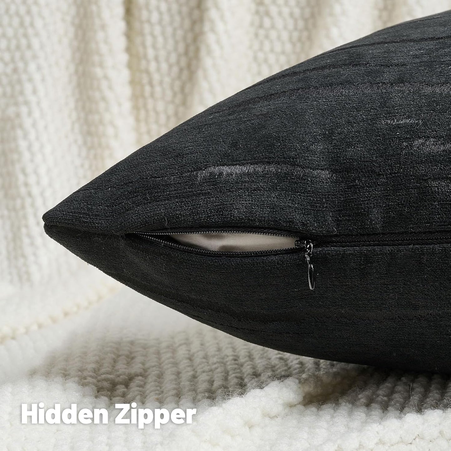 FUTEI Black Chenille Decorative Throw Pillow Covers 22x22 Inch Set of 2,Soft Embossed Striped Textured Cushion Case,Modern Home Decor for Couch Bed Living Room