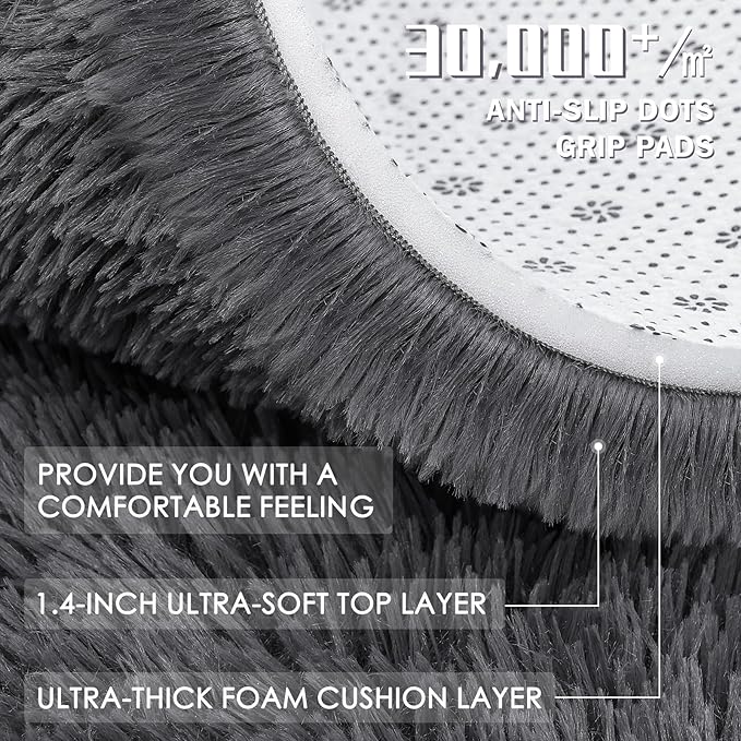 OLANLY Grey Round Rugs for Bedroom - Machine Washable, 6 ft Circle Area Rugs for Living Room, Soft and Fluffy Shaggy Carpet for Teen Girls and Boys, Nursery Rooms, Dorms, Home Decor Aesthetic