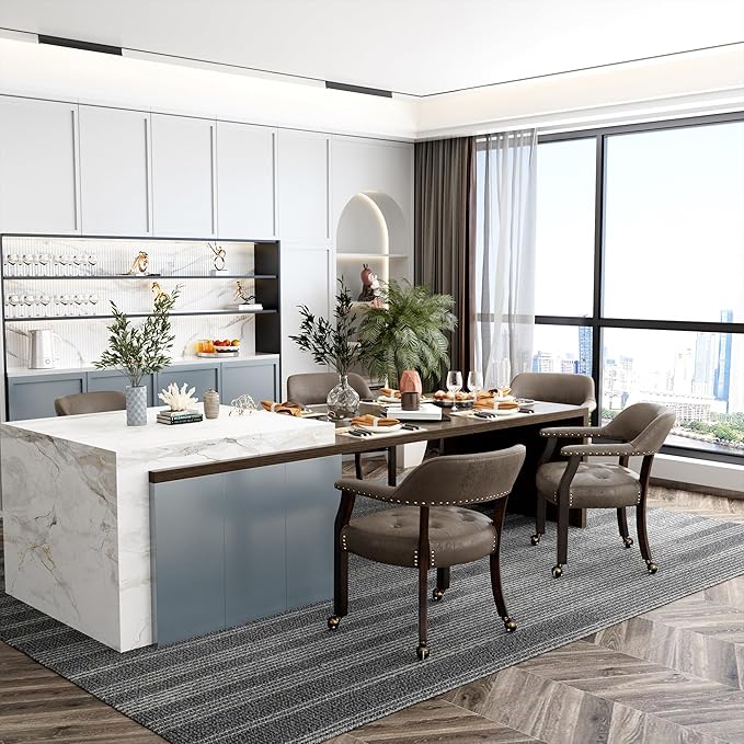 MODERION Solid Wood Boss Caption's Chairs,Dinning Chairs with Wheels and Arms,Office Desk Chairs, Classic Swivel Accent Chairs with Upholstered,Dinner Chairs, 31.5¡±H for Living Room Retro SY318DK