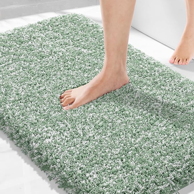 Yimobra Light Green and White Bathroom Rugs Non Slip Washable 36x24, Ultra Soft and Water Absorbent Bath Mats, Plush Fluffy Shower Mat Outside, Luxury Microfiber Thick Matts for Bathroom Floor/Tub