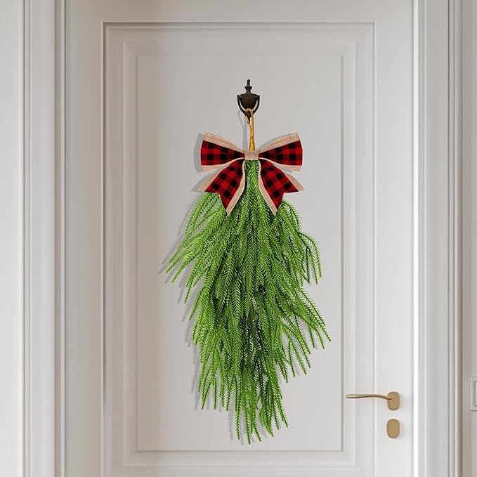 2 Pcs Artificial Christmas Teardrop Swag with Plaid Bow, 28" Faux Pine Needles Teardrop Door Swag, Christmas Norfolk Greenery Teardrop Wreath for Xmas Door Mantle Fireplace Indoor Outdoor Decor