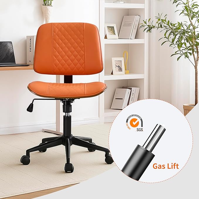 Armless Orange Home Office Chair – Mid-Back PU Leather, Adjustable Height Desk Chair with Swivel Wheels, Walnut Frame for Small Space Study or Bedroom