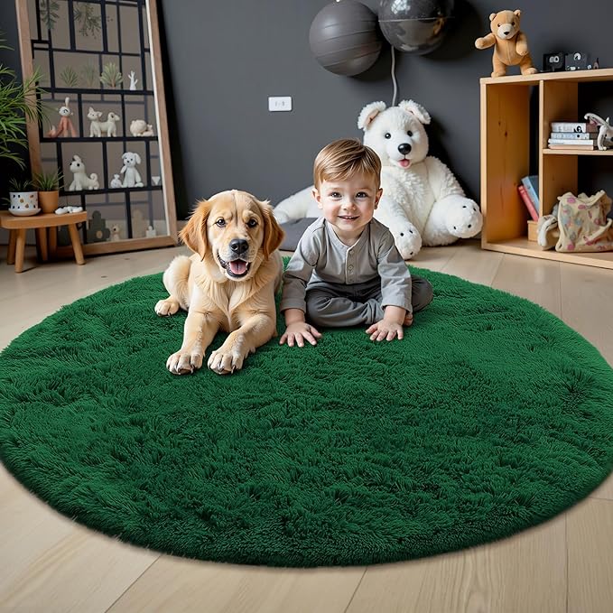 OLANLY Dark Green Round Rugs for Bedroom - Machine Washable, 5 ft Circle Area Rugs for Living Room, Soft and Fluffy Shaggy Carpet for Teen Girls and Boys, Nursery Rooms, Dorms, Home Decor Aesthetic