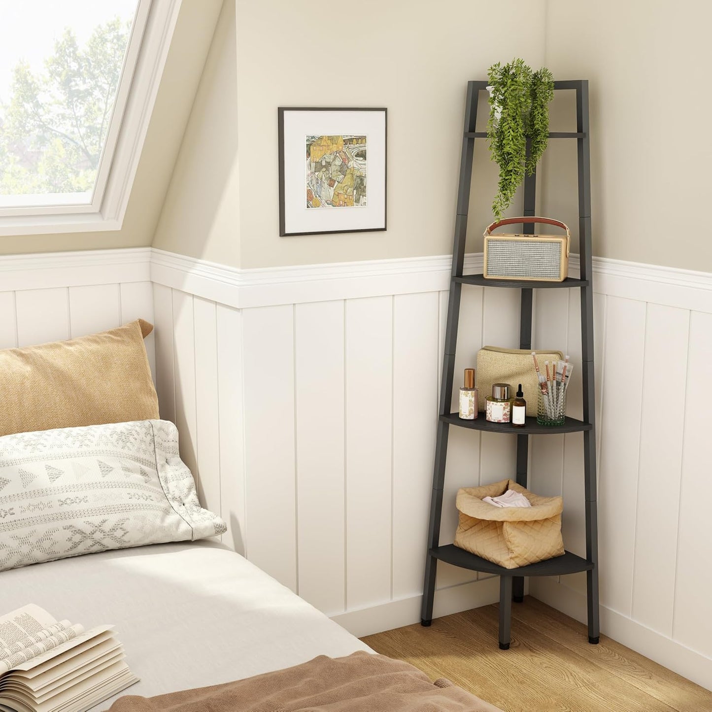 Hoctieon Corner Shelf, 4-Tier Corner Bookshelf, Rustic Ladder Shelf, Industrial Display Stand for Living Room, Kitchen, Home Office, Balcony, Small Space, Metal Frame, Black