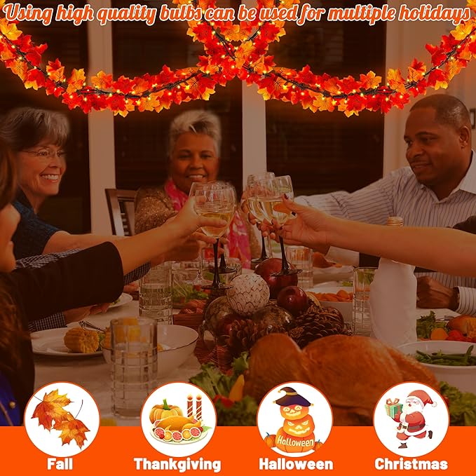 4 Pack Fall Garland with Lights, 36FT Decor, 200 Connectable Orange Bulbs Plug in Fall Decorations for Home, Artificial Maple Leaves Garland with Light for Thanksgiving Halloween Decorations