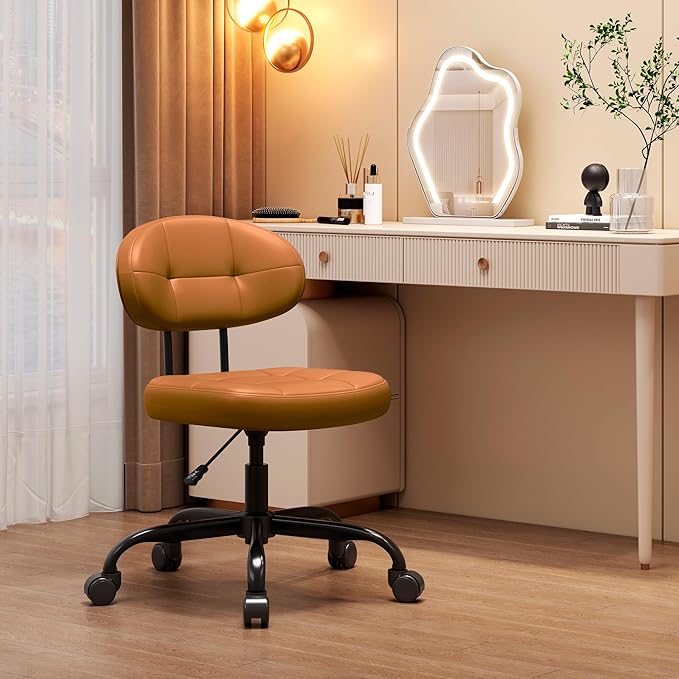 Misolant Vanity Chair with back, Small Armless Cute office Chair with wheels and Lumbar support, Comfy PU Leather Desk Computer Chairs with Adjustable Height, 360°Swivel for Home Bedroom Office, Brown