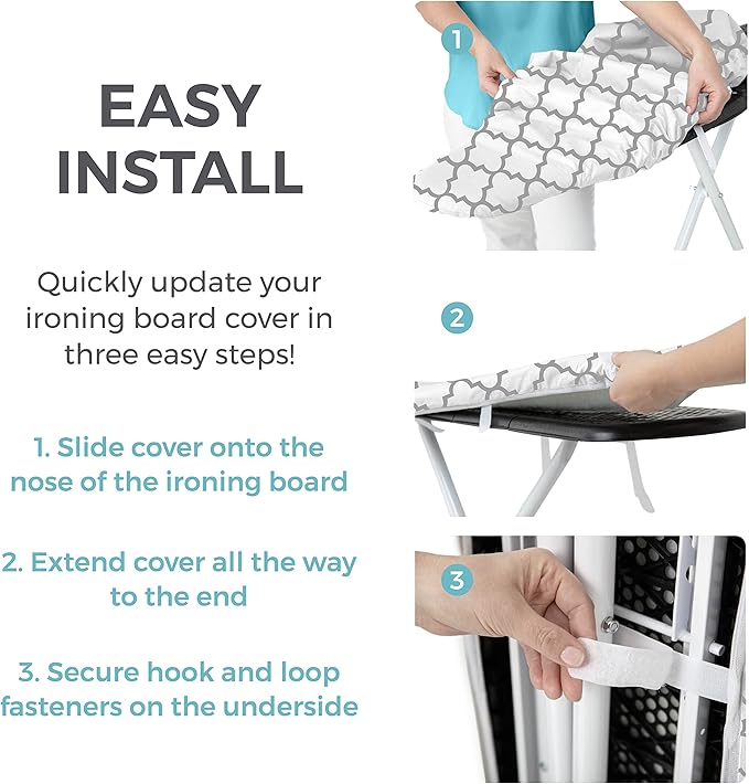 HOME GENIE Ironing Board Cover, Silicone Coating, Full Size Scorch Resistant Padding, Elastic Edge Heavy Duty Iron Pad Covers Standard Boards, Hook and Loop Fastener Strap Extra Thick, Quatrefoil Gray