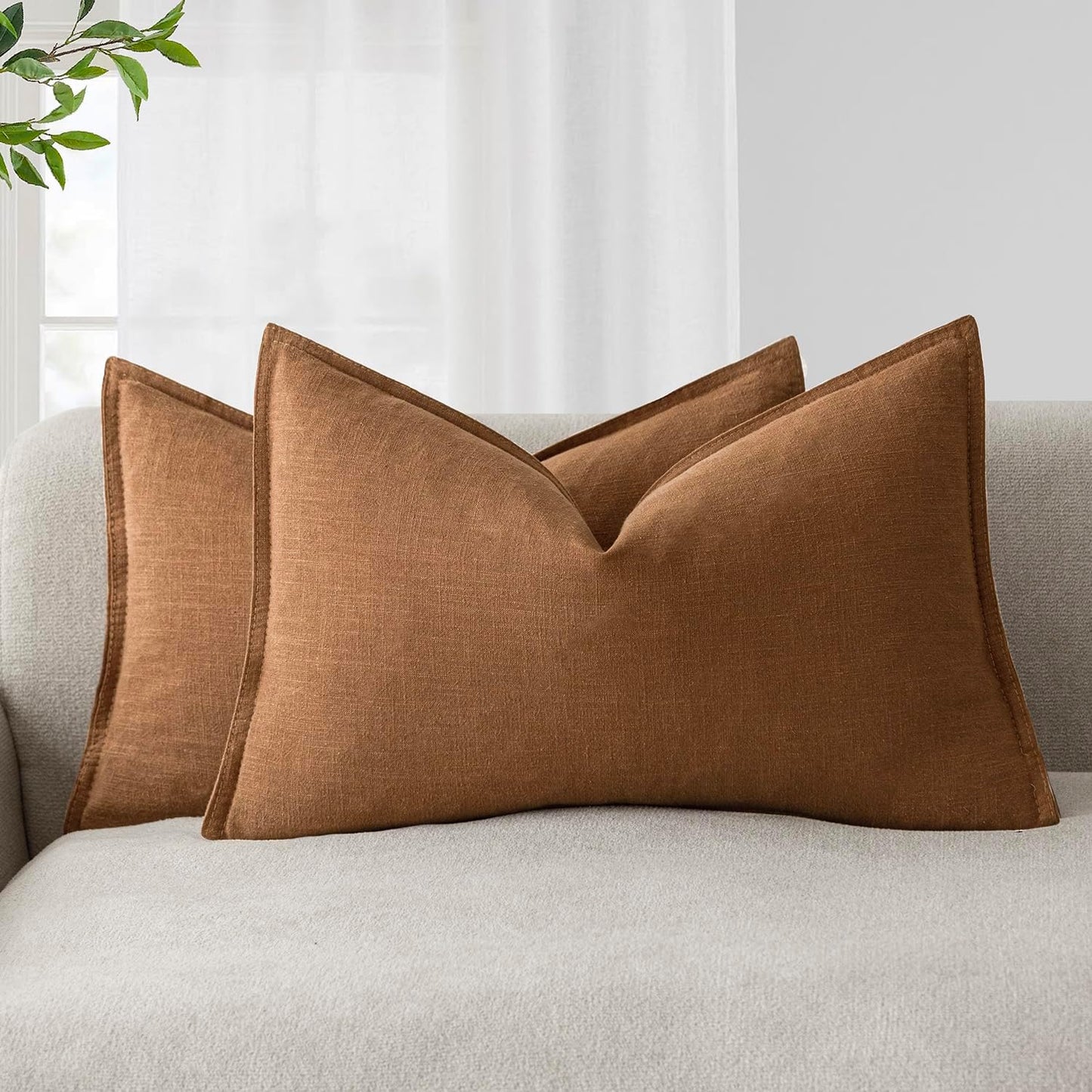 Foindtower Pack of 2, Decorative Linen Soild Throw Pillow Covers Neutral Farmhouse Pillowcase Soft Accent Lumbar Cushion Case for Couch Sofa Bedroom Living Room Home Decor Orange Brown 12 x 20 Inch