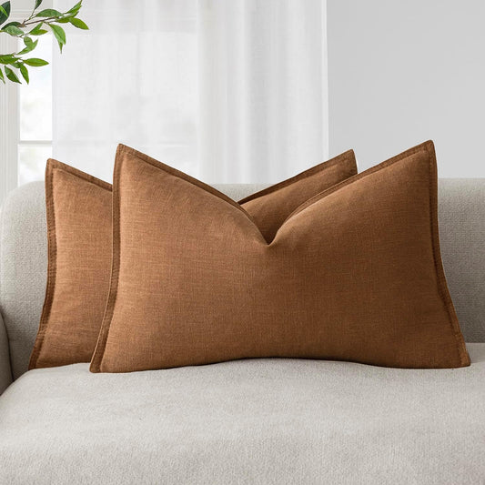 Foindtower Pack of 2, Decorative Linen Soild Throw Pillow Covers Neutral Farmhouse Pillowcase Soft Accent Lumbar Cushion Case for Couch Sofa Bedroom Living Room Home Decor Orange Brown 12 x 20 Inch