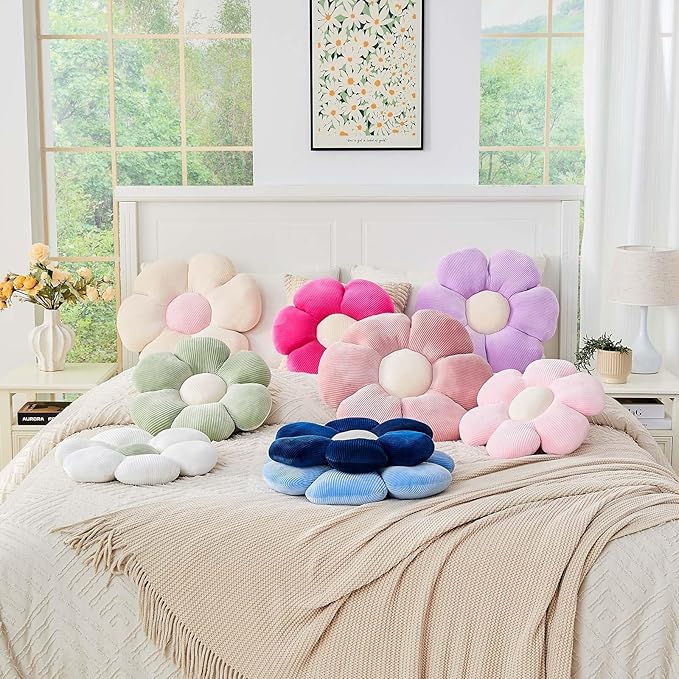 Pink Flower Pillow, 17.7" Cute Flower Shaped Floor Pillow, Aesthetic Floral Plush Daisy Decorative Throw Pillows for Bed Sofa Couch