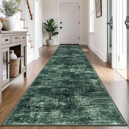 IOHOUZE Abstract Runner Rug 3x14 Ft Washable Runners for Hallways, Non Slip Kitchen Runner Printed Faux Wool Entryway Runner Indoor, Modern Abstract Floor Carpet for Hall Stair, Dark Green