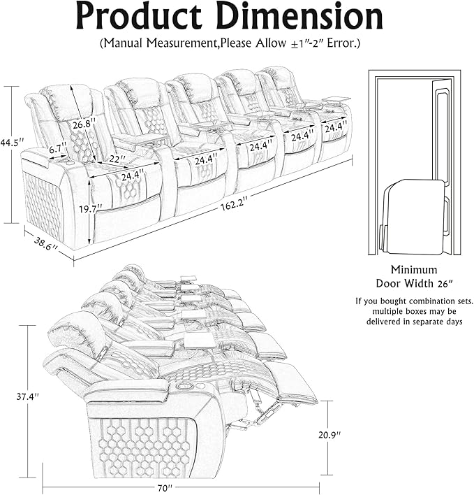 Home Theater Seating, Living Room, Heat & Massage, Powered Headrest, Powered Lumbar, Italian Leather, Powered Recline, Single Recliner (Black, Row of 5)