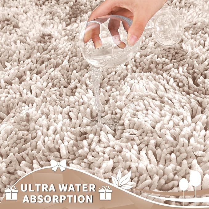 Yimobra Toilet Rugs U Shaped Washable, Extra Thick Soft Absorbent Chenille Contour Bathroom Rugs for Toilet 24x24 Inch, Quick Dry Non Slip Toilet Mat for Bath Floor, Khaki