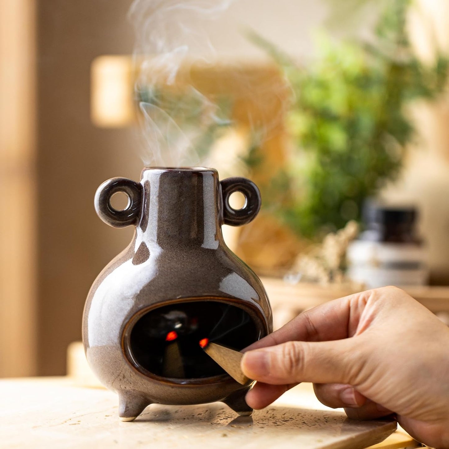 Ceramic Chiminea Palo Santo Holder, Modern Incense Holder Burner for Sticks Sage Bundles Cone Incense, Chimenea Incense Dish for Meditation Decor, Brown