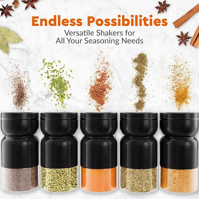 HOME EC Original Salt and Pepper Shakers Set with Adjustable Pour Holes - Black Salt Shaker and Pepper Shaker - Farmhouse Spice dispenser for salts, Ground peppercorn and spices