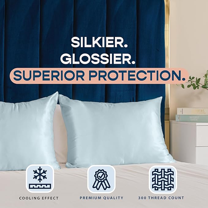Satin Pillowcase with Zipper, for Hair and Skin Care, Feels Soft and Cool Like a Silk Pillowcase, Satin Pillow Cases 2 Pack, Slik Pillow Cover, Baby Blue - Queen Size, Set of 2