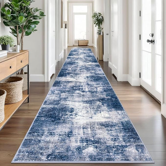 IOHOUZE Abstract Runner Rug 3x18 Ft Washable Runners for Hallways, Non Slip Kitchen Runner Printed Faux Wool Entryway Runner Indoor, Modern Abstract Floor Carpet for Hall Stair, Navy/Grey