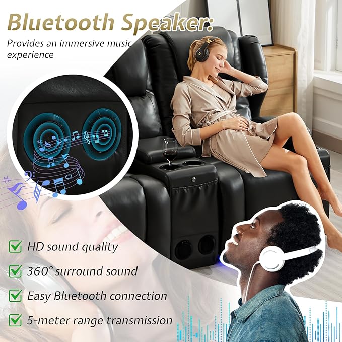 SAMERY Power Loveseat Recliner Sofa with Adjustable Split Back, USB Charging, Bluetooth Speakers & LED Lighting – Home Theater Seating with Storage, Cup Holders, Black Faux Leather Loveseat Recliner