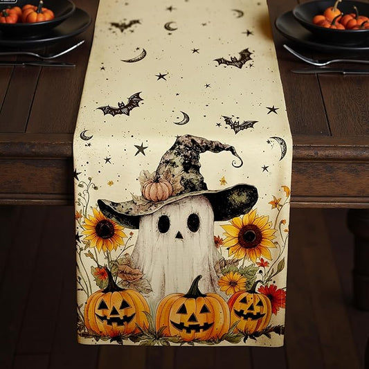 Halloween Table Runner with Ghosts, Bats, Pumpkins & Sunflowers, Table Decoration for Dining Party and Home Decor,108x13 inches
