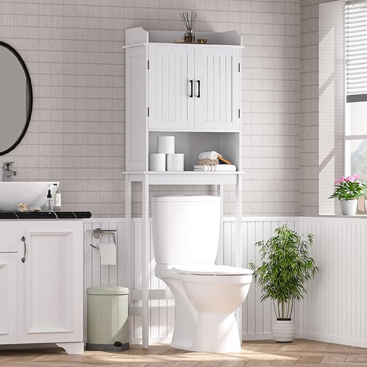 MUPATER Bathroom 67" Storage Cabinet Organizer with Shelves and Doors, Small Freestanding Toilet Shelf Space Saver with Anti-Tip Design and Adjustable Bottom Bar, White
