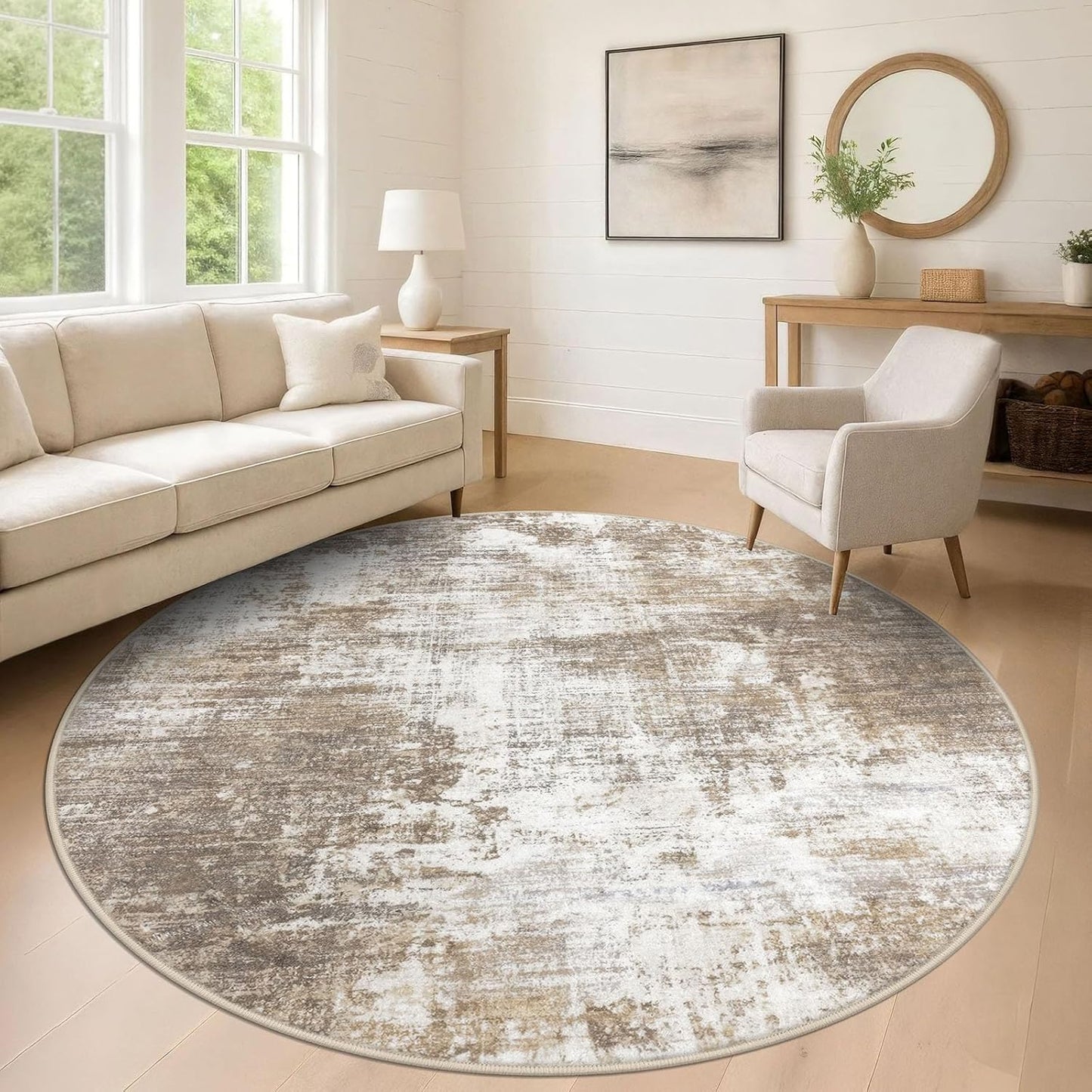 IOHOUZE Abstract Round Area Rug 8 Ft Washable Circle Rugs Large Round Rug Non Slip Thin Soft Circle Rugs, Printed Faux Wool Floor Carpet for Bedroom Living Room Dining Room Nursery, Beige Brown