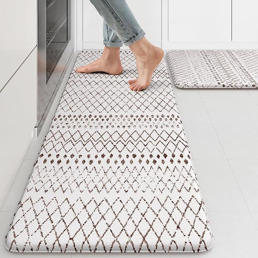 KIMODE Kitchen Mats 2PCS,Cushioned Anti Fatigue Boho Kitchen Rugs and Mats,Non Slip Waterproof Kitchen Mats for Floor,Comfort Foam Standing Desk Mat for Home,Office,Sink,Laundry,Brown and White
