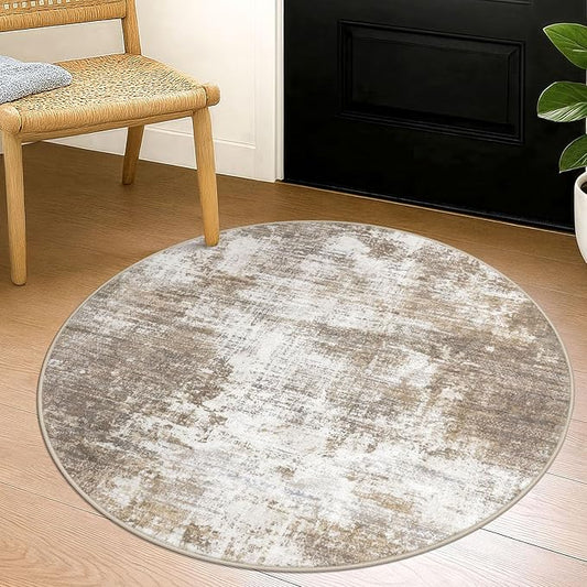 IOHOUZE Round Area Rug 3 Ft Circle Entryway Rugs Round Washable Door Mat Indoor Entrance, Non Slip Circle Front Door Rug, Printed Abstract Faux Wool Floor Carpet for Foyer Porch Sink, Beige Brown