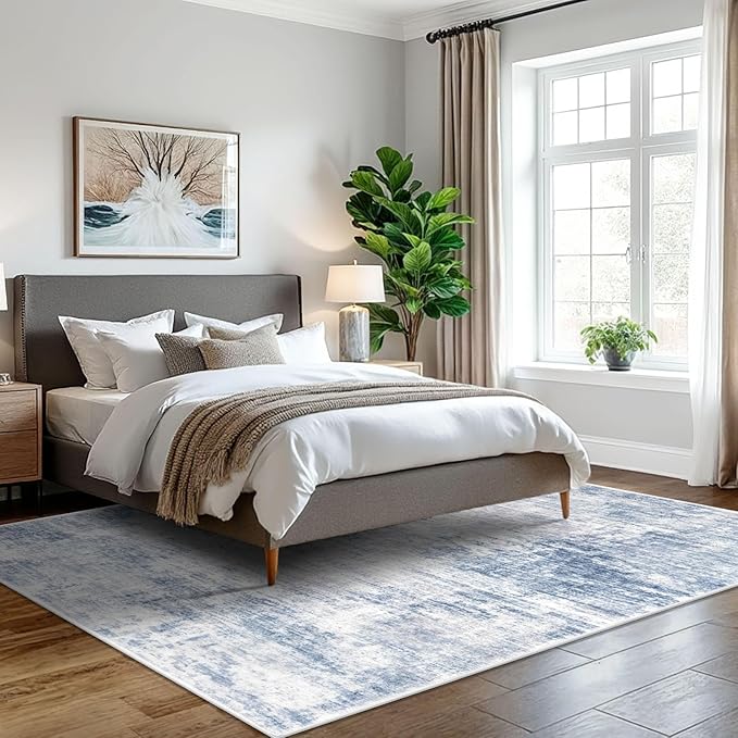 IOHOUZE Abstract Area Rugs 5x7 Ft Washable Rugs for Living Room, Non Slip Dining Room Rug, Printed Faux Wool Rugs for Bedroom, Floor Carpet for Office Nursery Playroom, Light Blue White