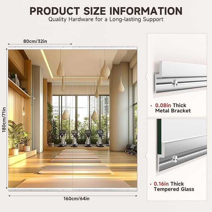 Home Gym Mirror, 71'' x 32'' x 2PCS, Large Full Body Mirror for Yoga, Frameless Tempered Glass, Wall Mounted for Home Gym, Garage, Bedroom, Bathroom