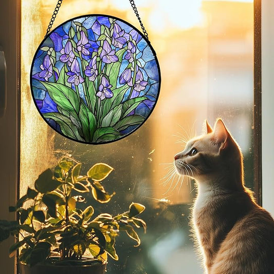 Stained Glass Suncatcher, Blue Purple Flowers Green Leaves Sun Catcher Plants Stain Glass Window Hanging Decoration Mother's Day Birthday Gifts for Women Men Mom and Nana 15 in