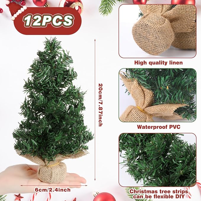 Yinder Tabletop 12 Pcs Mini Christmas Tree 7.87 Inch Artificial Mini Xmas Miniature Pine Christmas Tree with Linen Base for Xmas Holiday Decorations Indoor Home Kitchen Dining Table