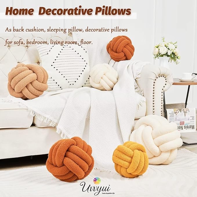 Uvvyui Knot Pillow Ball, Soft Home Decorative Pillows, Round Throw Pillow, Handmade Knotted Plush Pillow, Round Boucle Pillow Cushion (11 Inches Caramel)