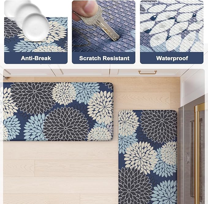 KIMODE Anti Fatigue Kitchen Mat 17.3"x29", Padded Kitchen Floor Mats Non Slip, Waterproof Kitchen Mat for Floor, Farmhouse Comfort Standing Mat for Laundry, Office, Sink, Desk Mutil-Blue