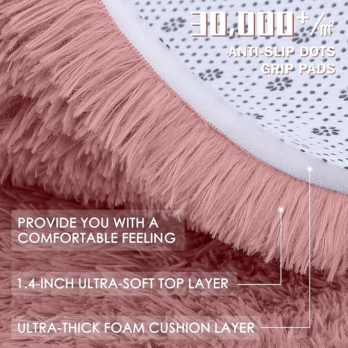 OLANLY Pale Pink Round Rugs for Bedroom - Machine Washable, 4 ft Circle Area Rugs for Living Room, Soft and Fluffy Shaggy Carpet for Teen Girls and Boys, Nursery Rooms, Dorms, Home Decor Aesthetic