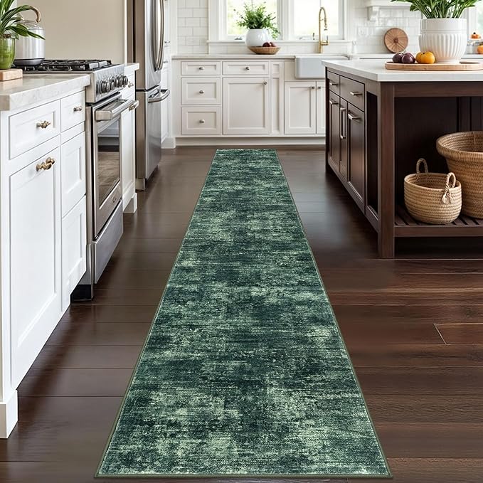 IOHOUZE Abstract Runner Rug 2x12 Ft Washable Runners for Hallways, Non Slip Kitchen Runner Printed Faux Wool Entryway Runner Indoor, Modern Abstract Floor Carpet for Hall Kitchen, Dark Green