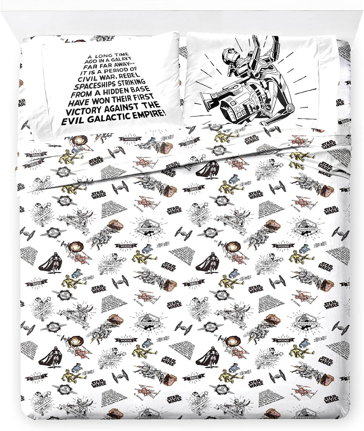 Jay Franco Kids Sheet Set with Fitted, Flat Sheets & Pillow Cover - Ultra-Soft Bedding with Pillowcase for Room Decor, White - Star Wars, 4 Piece King