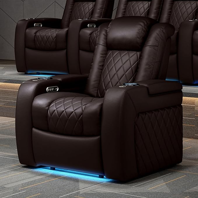 Valencia Tuscany Home Theater Seat - Nappa Leather Power Recliner with Cool Gel Memory Foam, USB-C/A Charging, RGB LED Lights, Adjustable Lumbar & Headrest (Single Recliner, Dark Chocolate)