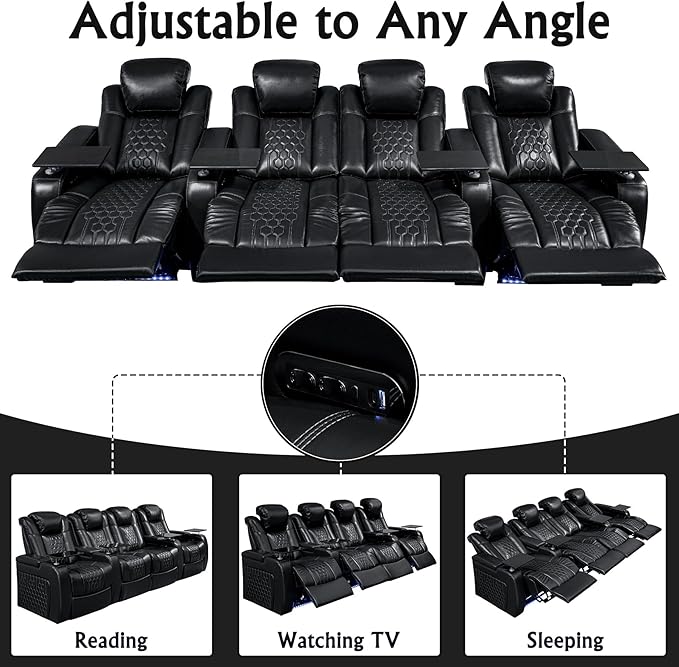Home Theater Seating, Living Room, Heat & Massage, Powered Headrest, Powered Lumbar, Italian Leather, Powered Recline, Single Recliner (Black, Row of 4 Loveseat Middle)