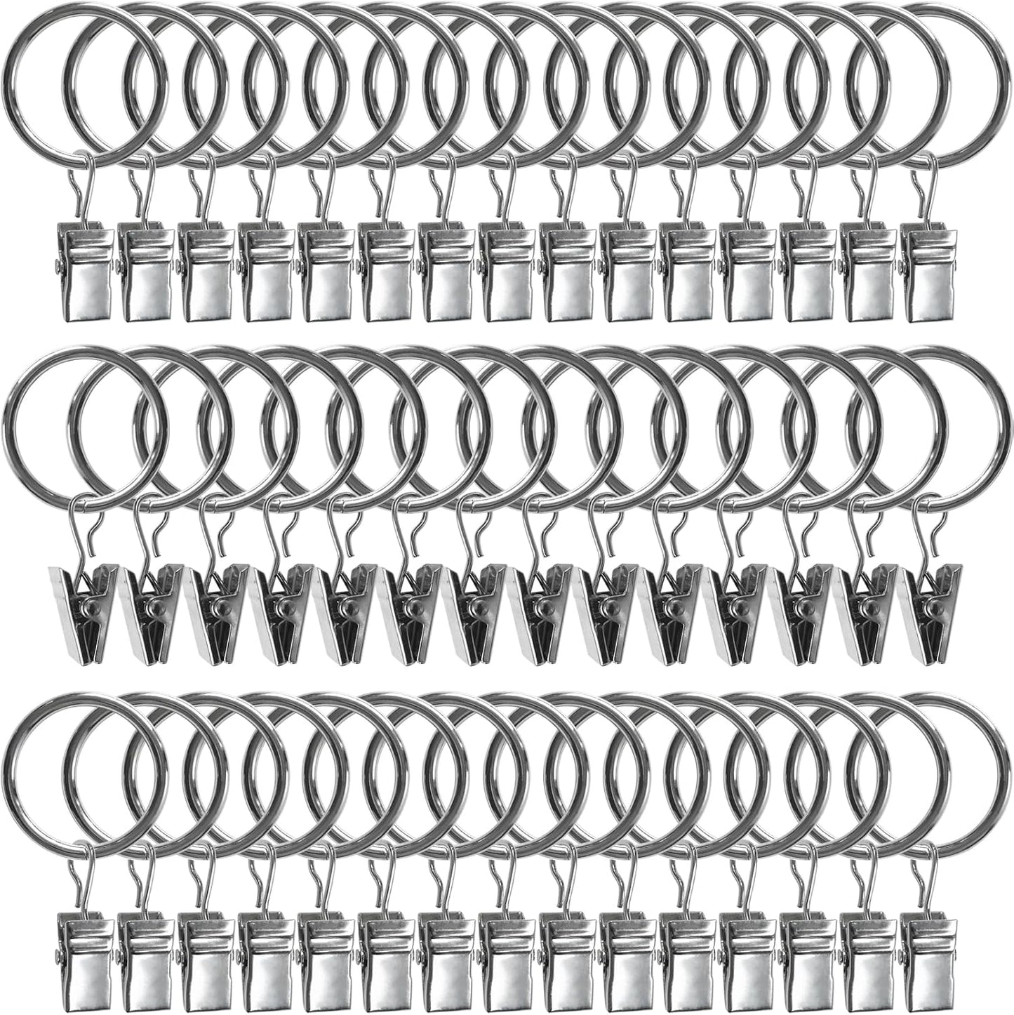 44 Pack Metal Curtain Rings with Clips, Drapery Clips with Rings, Drapes Rings 1 inch Inner Diameter, Fits Diameter 5/8 inch Curtain Rods, Silver
